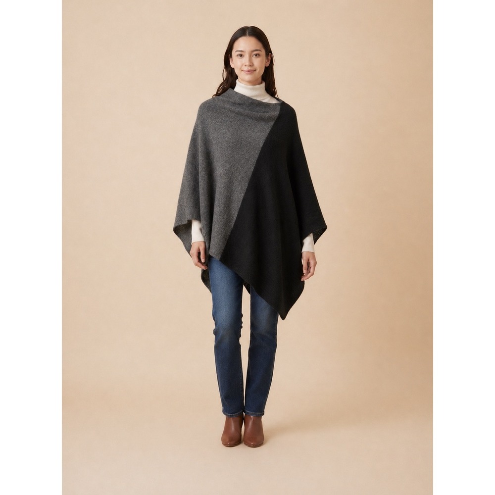 Celeste Wool Cashmere Asymmetrical Colorblock Poncho Wrap Grey Black One Size
